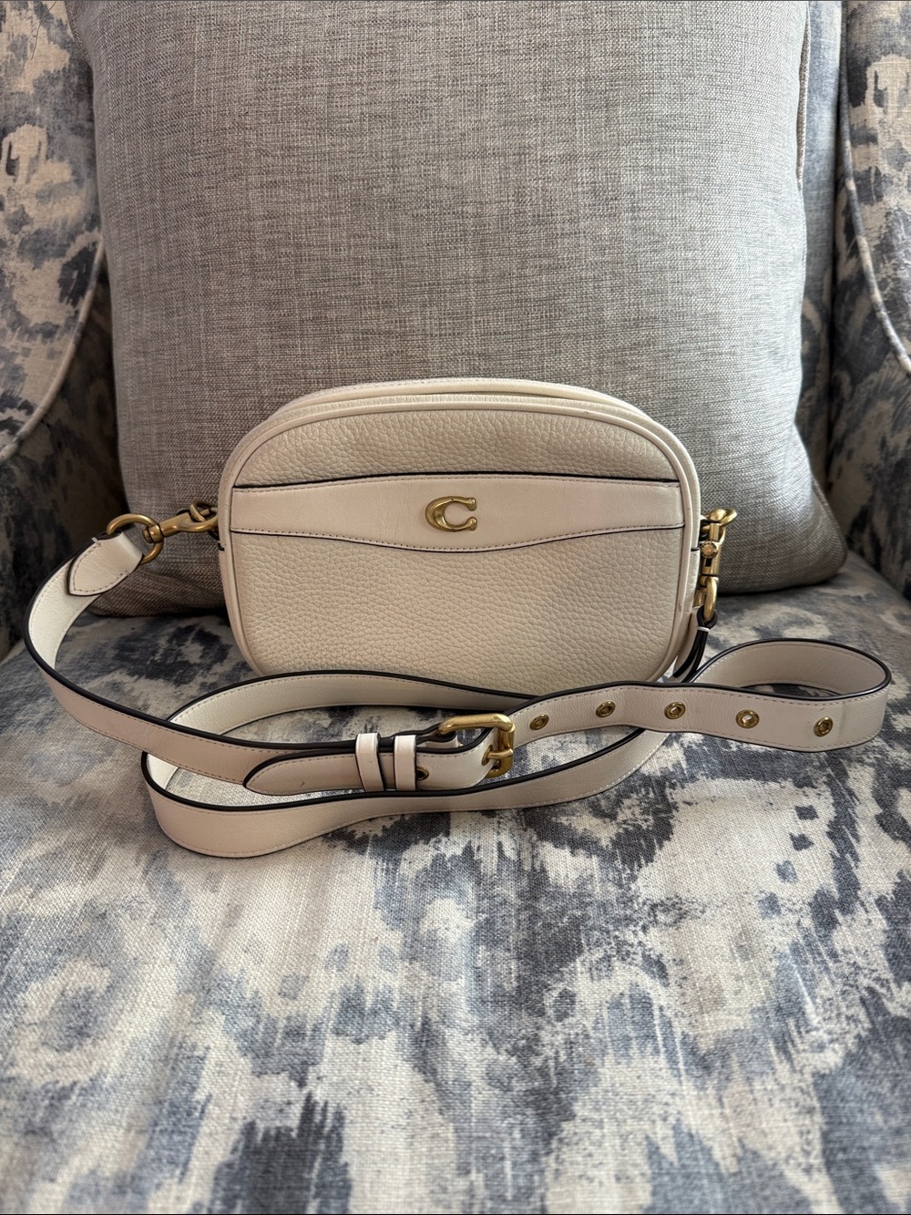 Coach Cream Pebbled Leather Crossbody Camera Bag with Gold Hardware